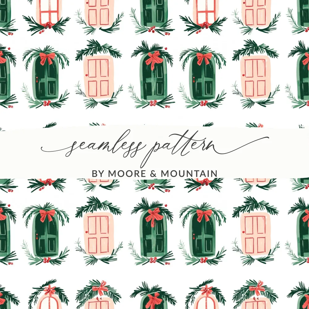 Christmas Doors Digital Paper, Winter Holiday Pattern, Green Pink Repeat Pattern, Festive Scrapbook Paper, Seasonal Surface Design - Moore and Mountain