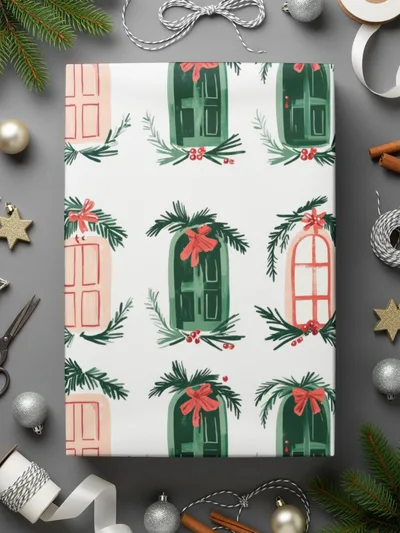 Christmas Doors Digital Paper, Winter Holiday Pattern, Green Pink Repeat Pattern, Festive Scrapbook Paper, Seasonal Surface Design - Moore and Mountain