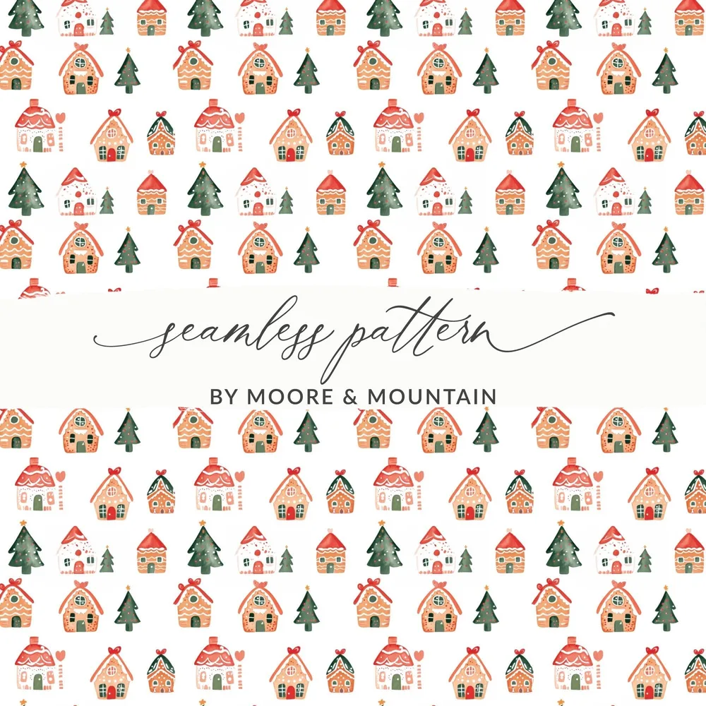 Christmas Gingerbread Houses Pine Trees Pattern Repeat Digital - Moore and Mountain