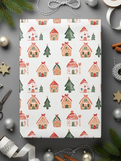 Christmas Gingerbread Houses Pine Trees Pattern Repeat Digital - Moore and Mountain
