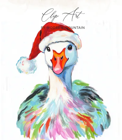 Christmas Goose Digital Print, Santa Duck Wall Art, Whimsical Holiday Animal Painting Printable, Colorful Farmhouse Christmas Decor PNG