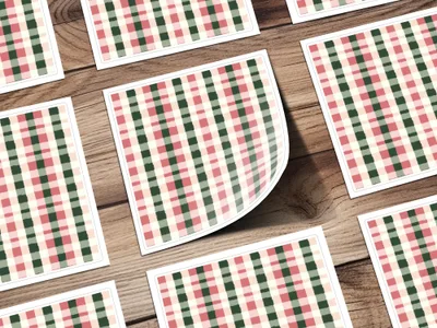 Red Green Plaid Pattern on Wooden Background Sticker