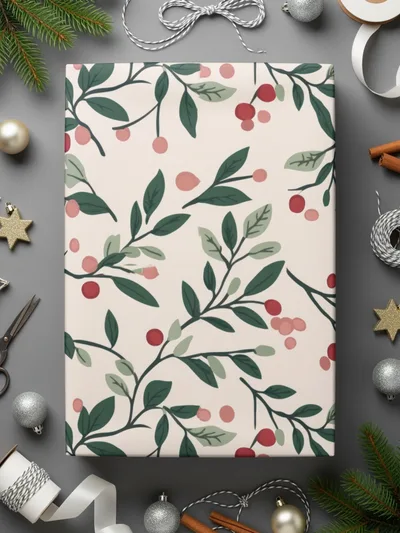 Festive Holiday Berry and Leaf Pattern Wrapping Paper