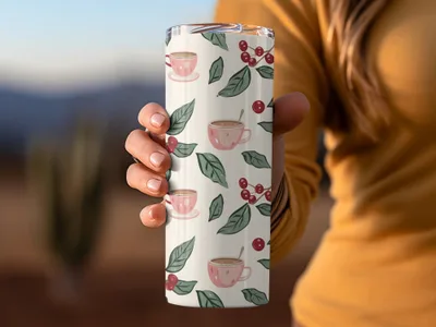 Coffee Lover's Tumbler with Cherry and Leaf Design