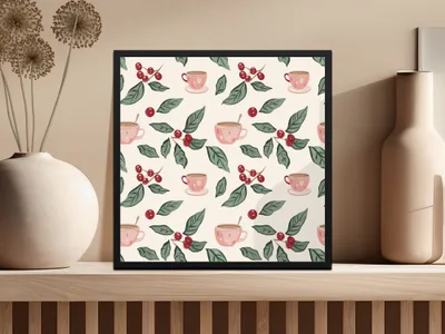 Coffee Cups and Leaf Pattern Wall Art Decor Print