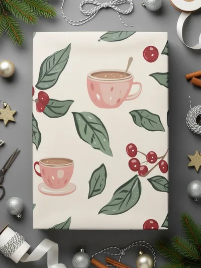 Festive Coffee Cup and Leaf Design Wrapping Paper
