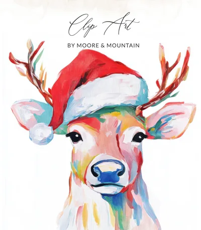 Christmas Reindeer Digital Print Colorful Santa Hat Deer Painting Printable Wall Art Festive Holiday Decor Whimsical Animal Artwork