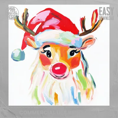 Christmas Reindeer PNG Digital Art, Painted Santa Reindeer Sublimation Design, Festive Holiday Printable Clipart