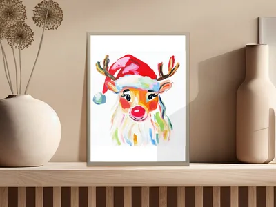 Christmas Reindeer PNG Digital Art, Painted Santa Reindeer Sublimation Design, Festive Holiday Printable Clipart