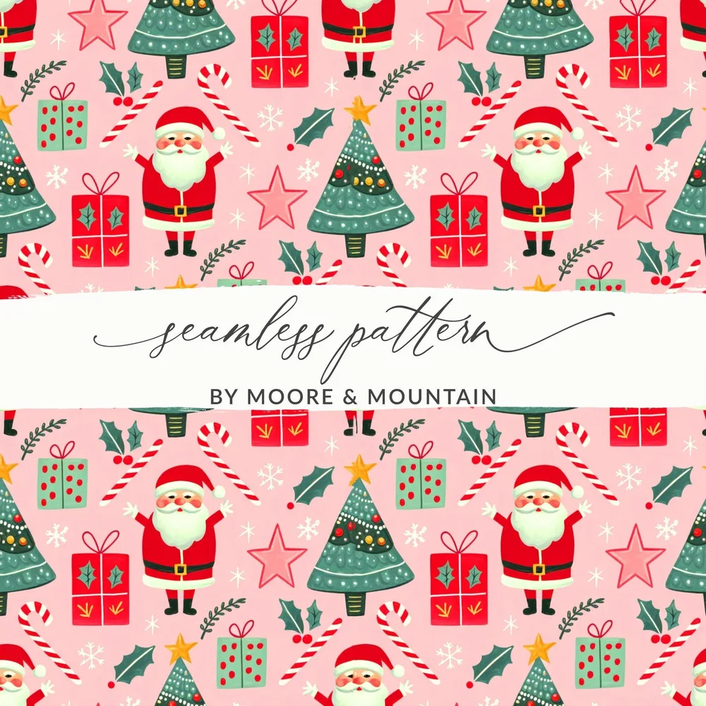 Christmas Seamless Pattern, Holiday Digital Paper, Santa Tree Gift Wrap, Cute Xmas Background, Festive Fabric Design, JPEG Download - Moore and Mountain