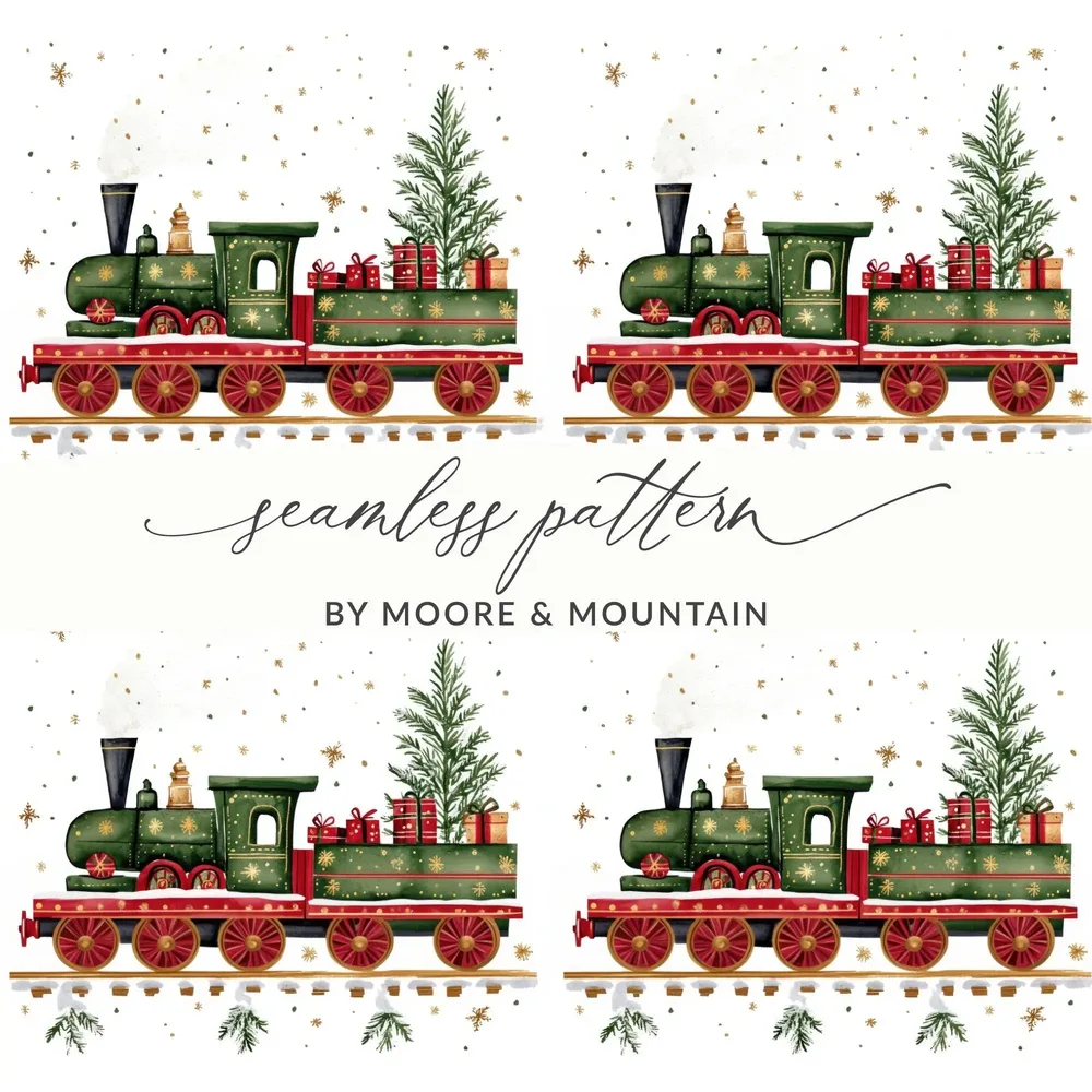 Christmas Train Digital Seamless Pattern, Holiday Train Clipart, Festive Train Repeating Pattern, Winter Digital Paper for Fabric, Crafts - Moore and Mountain