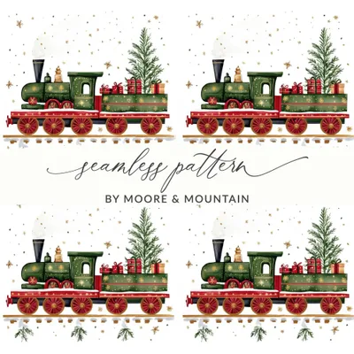 Christmas Train Digital Seamless Pattern, Holiday Train Clipart, Festive Train Repeating Pattern, Winter Digital Paper for Fabric, Crafts