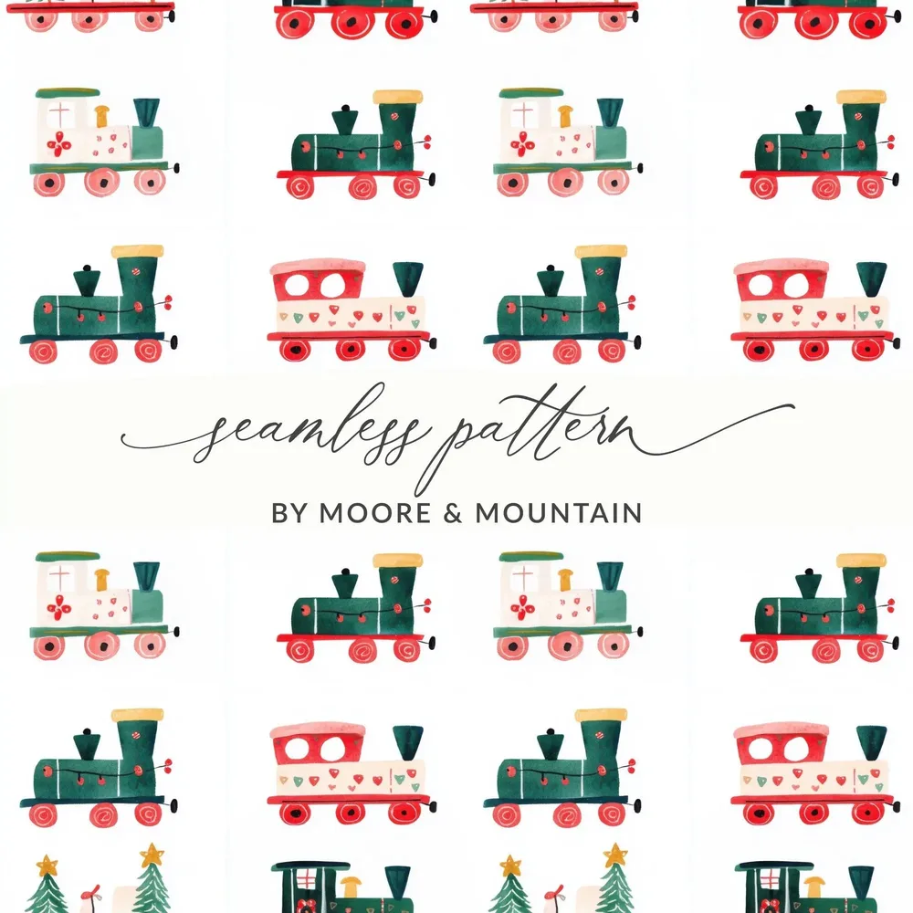 Christmas Train Seamless Pattern Digital Paper, Holiday Train Digital, Festive Train Repeat Pattern, Christmas Digital Download - Moore and Mountain