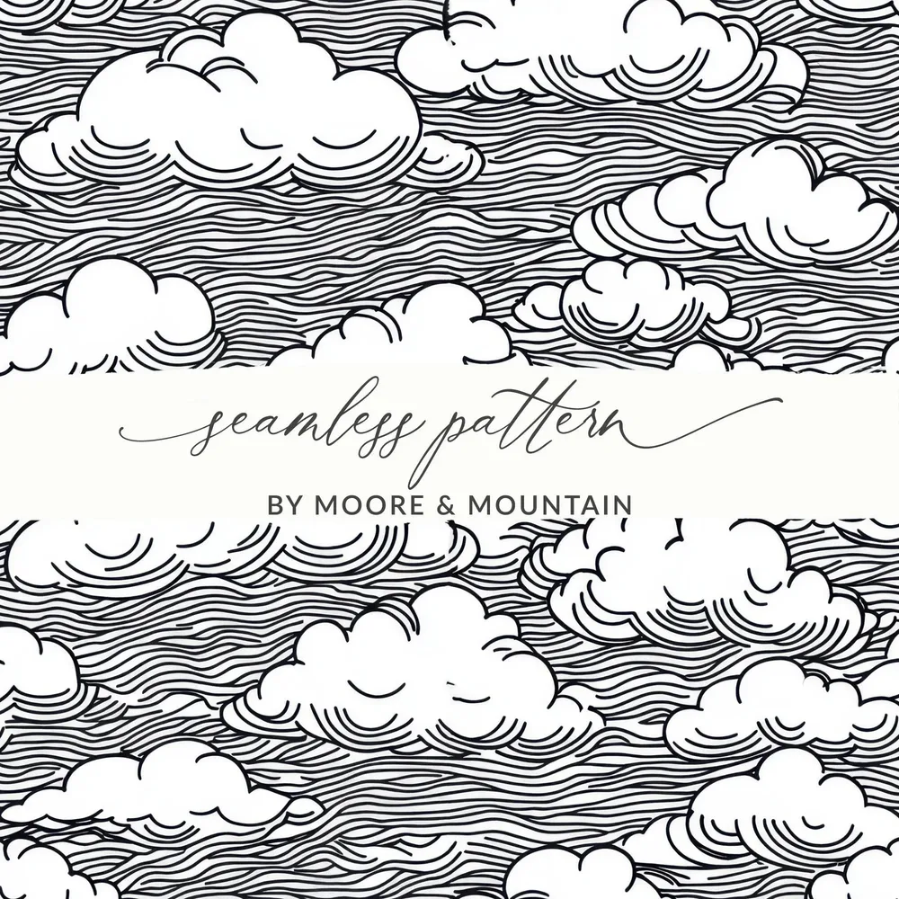 Clouds Digital Seamless Pattern JPEG, Sky Vector Illustration, Line Art Printable, Black and White Surface, Scrapbooking Background - Moore and Mountain