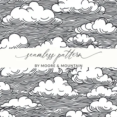 Clouds Digital Seamless Pattern JPEG, Sky Vector Illustration, Line Art Printable, Black and White Surface, Scrapbooking Background