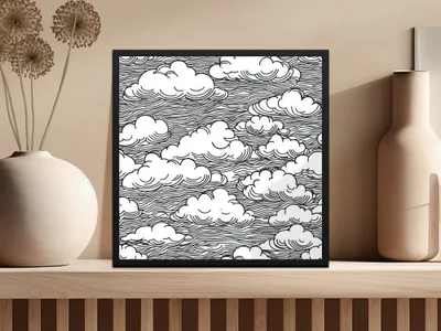 Clouds Digital Seamless Pattern JPEG, Sky Vector Illustration, Line Art Printable, Black and White Surface, Scrapbooking Background - Moore and Mountain