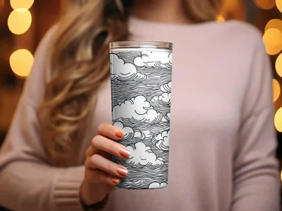 Clouds Digital Seamless Pattern JPEG, Sky Vector Illustration, Line Art Printable, Black and White Surface, Scrapbooking Background - Moore and Mountain