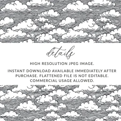 Clouds Digital Seamless Pattern JPEG, Sky Vector Illustration, Line Art Printable, Black and White Surface, Scrapbooking Background - Moore and Mountain