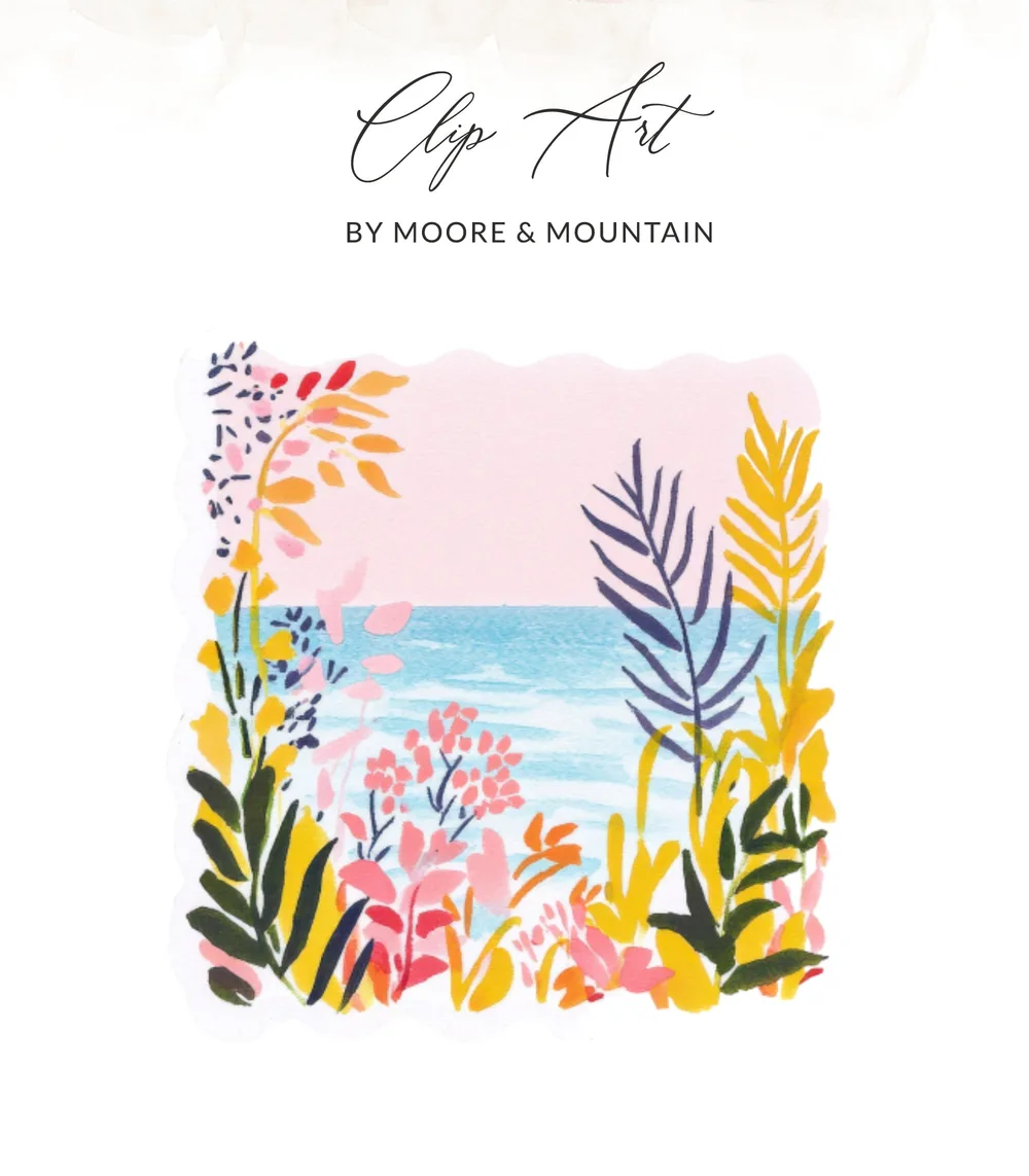 Watercolor seascape with colorful plants and text "Clip Art BY MOORE & MOUNTAIN".