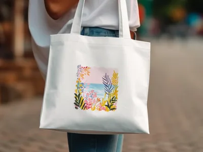 White tote bag with colorful floral and ocean illustration.
