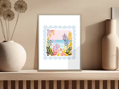 Colorful botanical illustration in a scalloped frame on a wooden shelf.