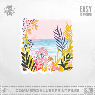 Colorful, abstract foliage frames a pastel beach scene with "PNG Digital Design" watermark.