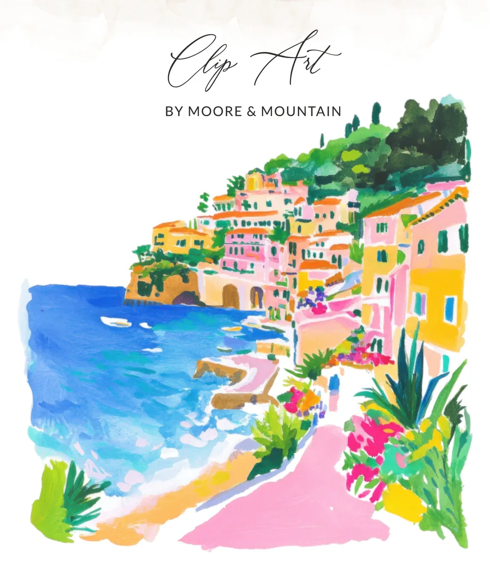 Colorful coastal village with buildings on a hillside overlooking the sea.
