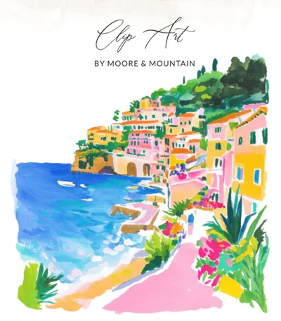 Coastal Clip Art SVG, Seaside PNG Digital Art, Colorful Italian Riviera Village Painting, Europe Seascape Instant Download
