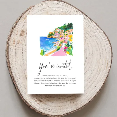 Watercolor invitation with coastal town illustration and placeholder text.
