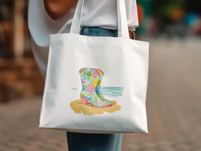 White tote bag with colorful cowboy boot graphic and beach scene.