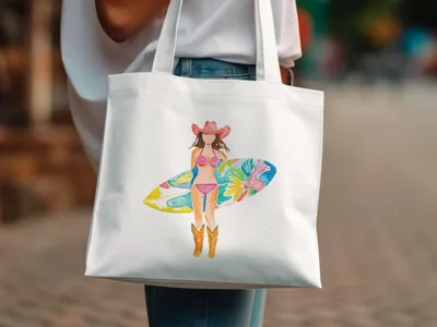 White tote bag with watercolor illustration of a surfer girl in a cowboy hat and boots.