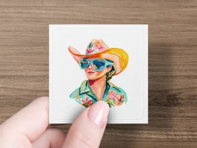 Watercolor portrait of a person wearing a cowboy hat and sunglasses.