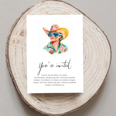 Invitation with watercolor illustration of a person in a cowboy hat and sunglasses.
