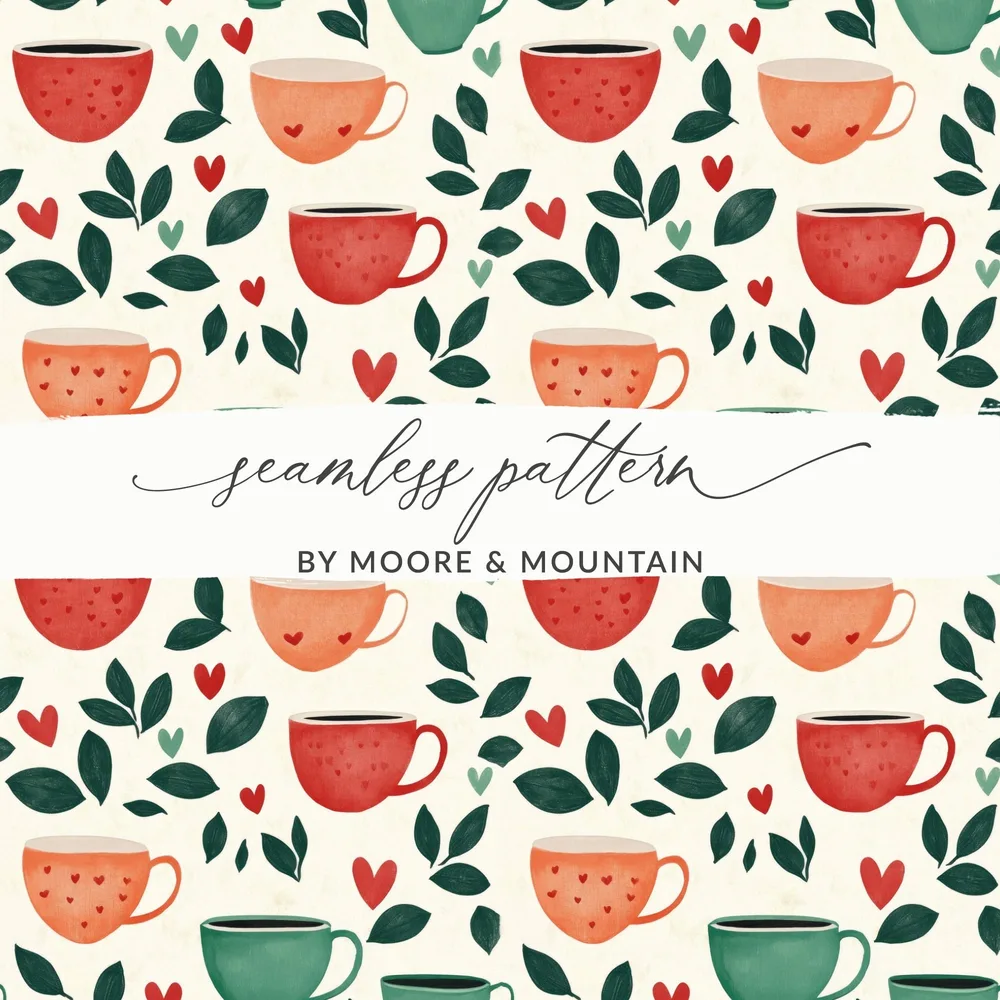 Coffee Cup Seamless Pattern Digital Download, Cafe Print, Kitchen Art, Hearts and Leaves, Repeat Design, Commercial Use - Moore and Mountain