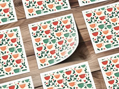Coffee Cup Seamless Pattern Digital Download, Cafe Print, Kitchen Art, Hearts and Leaves, Repeat Design, Commercial Use - Moore and Mountain