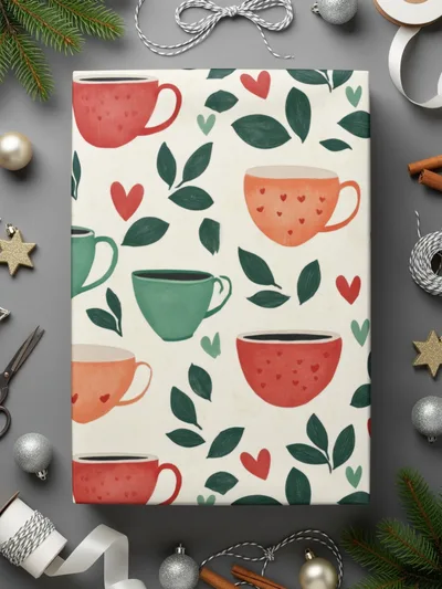 Coffee Cup Seamless Pattern Digital Download, Cafe Print, Kitchen Art, Hearts and Leaves, Repeat Design, Commercial Use - Moore and Mountain