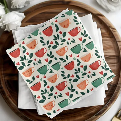 Coffee Cup Seamless Pattern Digital Download, Cafe Print, Kitchen Art, Hearts and Leaves, Repeat Design, Commercial Use - Moore and Mountain