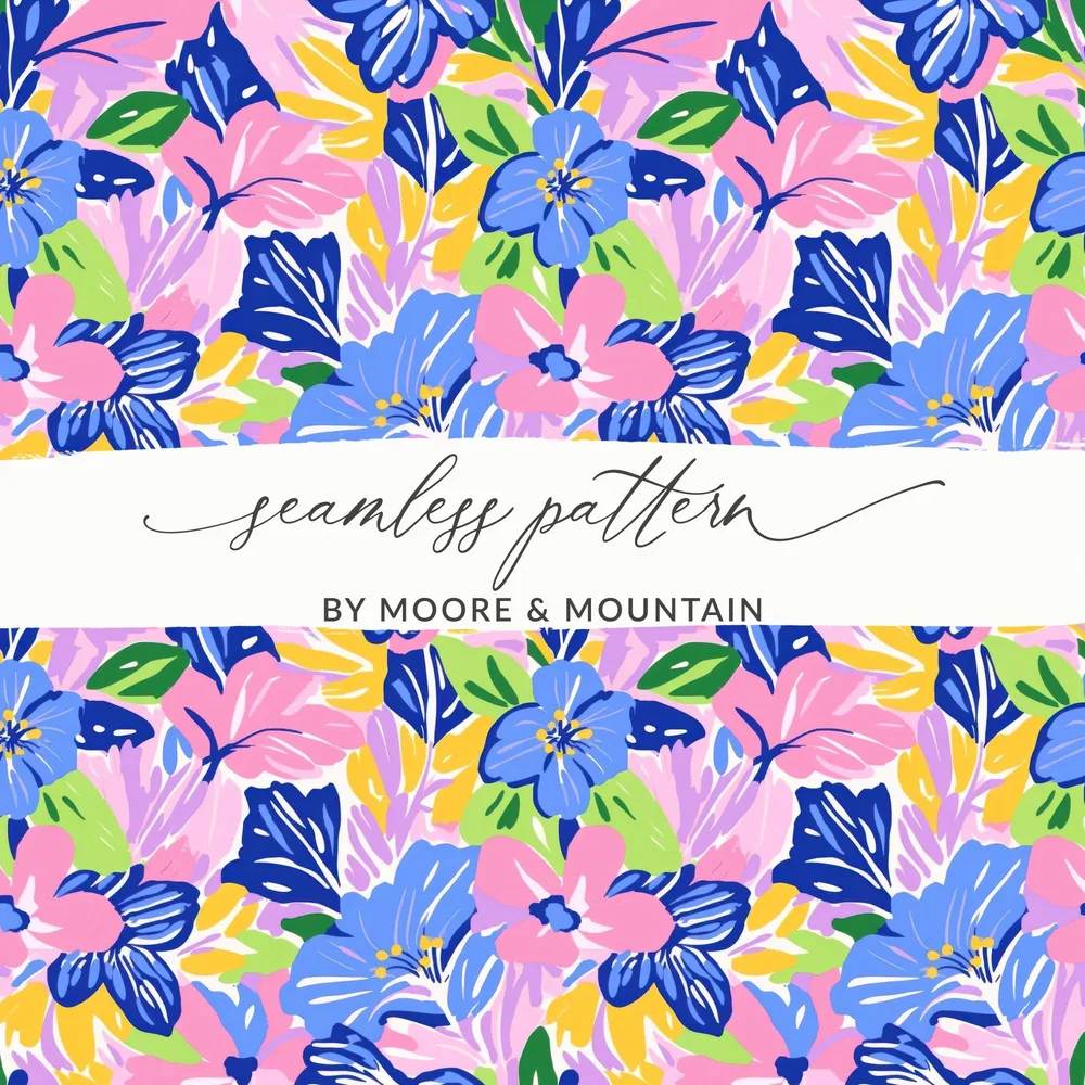Seamless floral pattern with blue, pink, and purple flowers and green leaves.