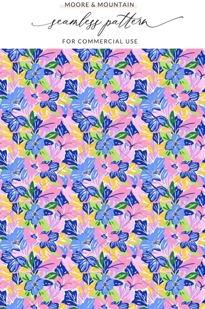 Seamless floral pattern with blue, pink, and yellow flowers on a bright pink background.