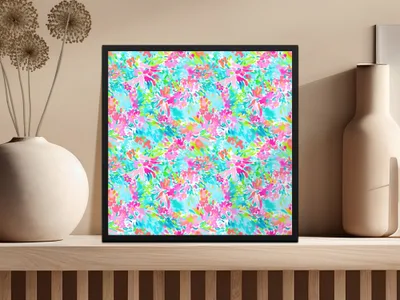 Framed colorful floral pattern on a shelf with vases.