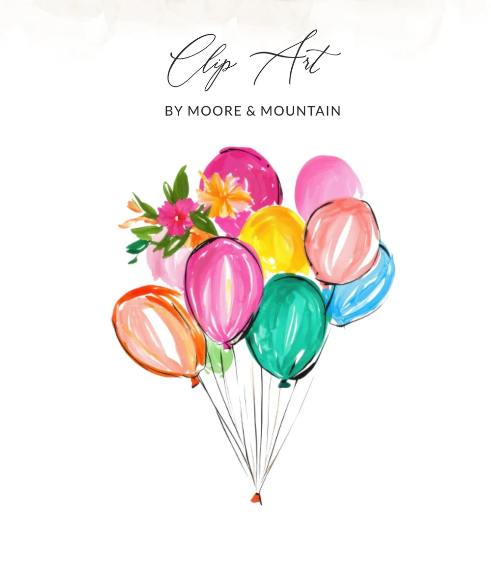 Colorful balloons with floral accents and "Clip Art" text.
