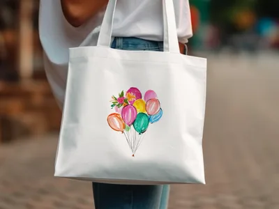 White tote bag with colorful balloon and flower bouquet illustration.