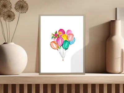 Colorful balloon bouquet illustration on a white background within a frame.
