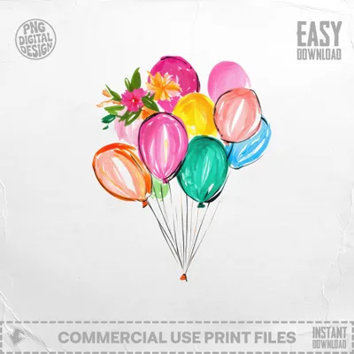 Bunch of colorful watercolor balloons with flowers on a white background.