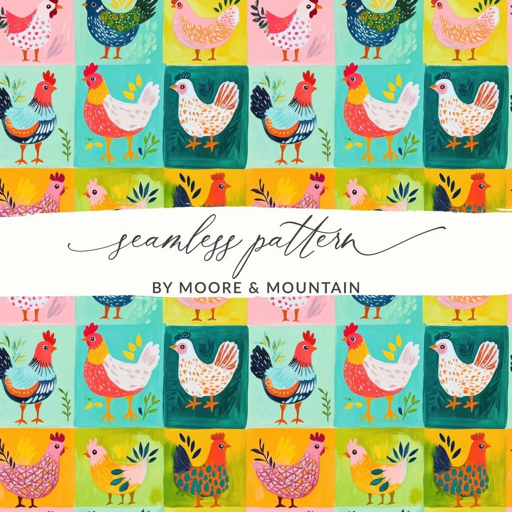 Colorful Chicken Digital Seamless Pattern, Farm Animal JPEG Pattern, Pop Art Chickens Digital File, Farmhouse Quirky Chickens - Moore and Mountain