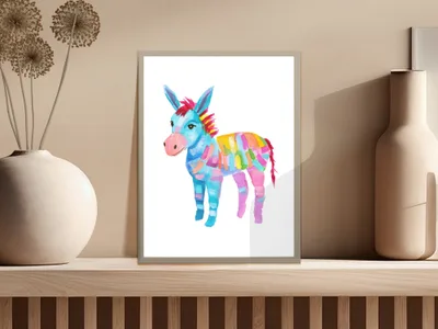 Colorful watercolor donkey art print with rainbow stripes.