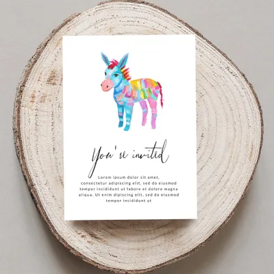Donkey invitation with "You're invited" text.