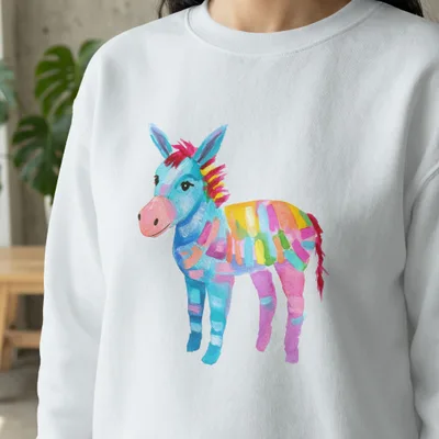 White sweatshirt with a colorful watercolor donkey print.