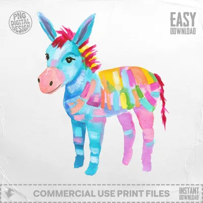 Colorful donkey piñata with blue, pink, and yellow accents.