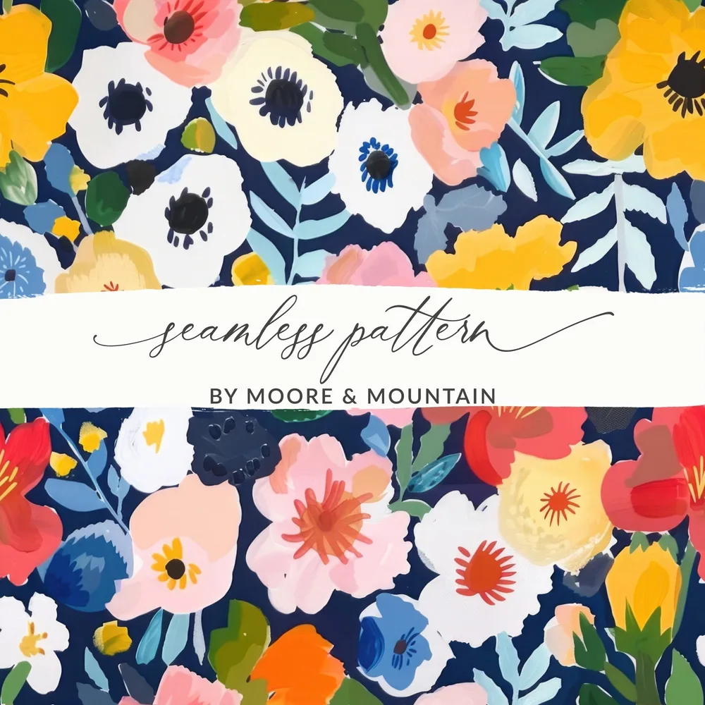 Colorful Floral Digital Paper, Flower Pattern, Spring Blossom Design, Abstract Bloom Art, Navy Background Print, Repeating Tile - Moore and Mountain